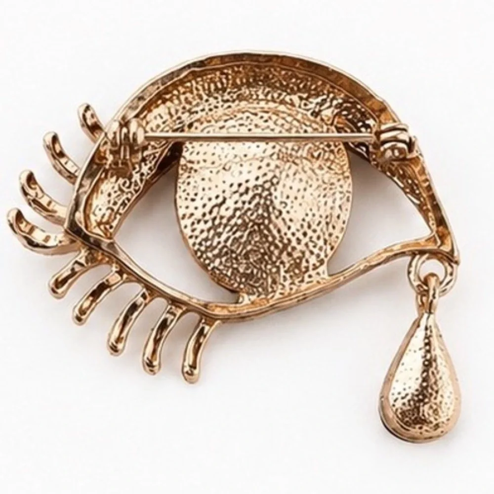 Gold Tone Surrealist Eye Brooch Deep Blue Crystals Rhinestones Teardrop Pin